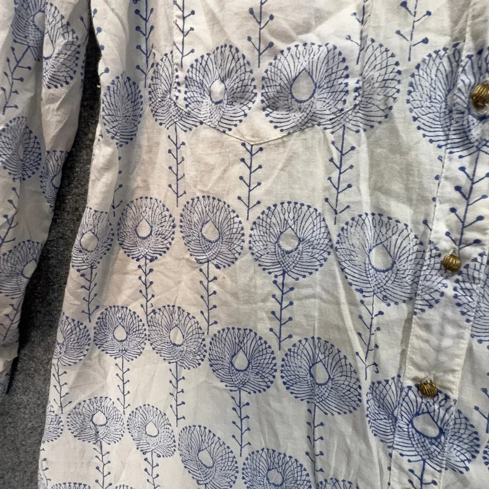 Roberta Roller Rabbit Kurta Women Small White Blue Block Print Cotton Tunic Top